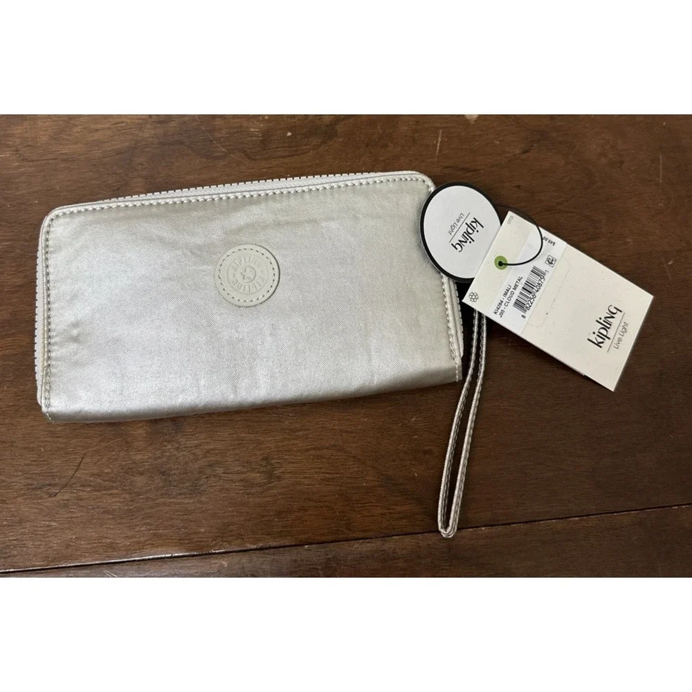 Kipling Imali Silver Cloud Metal Large RFID Wallet Wristlet KI4284 NEW